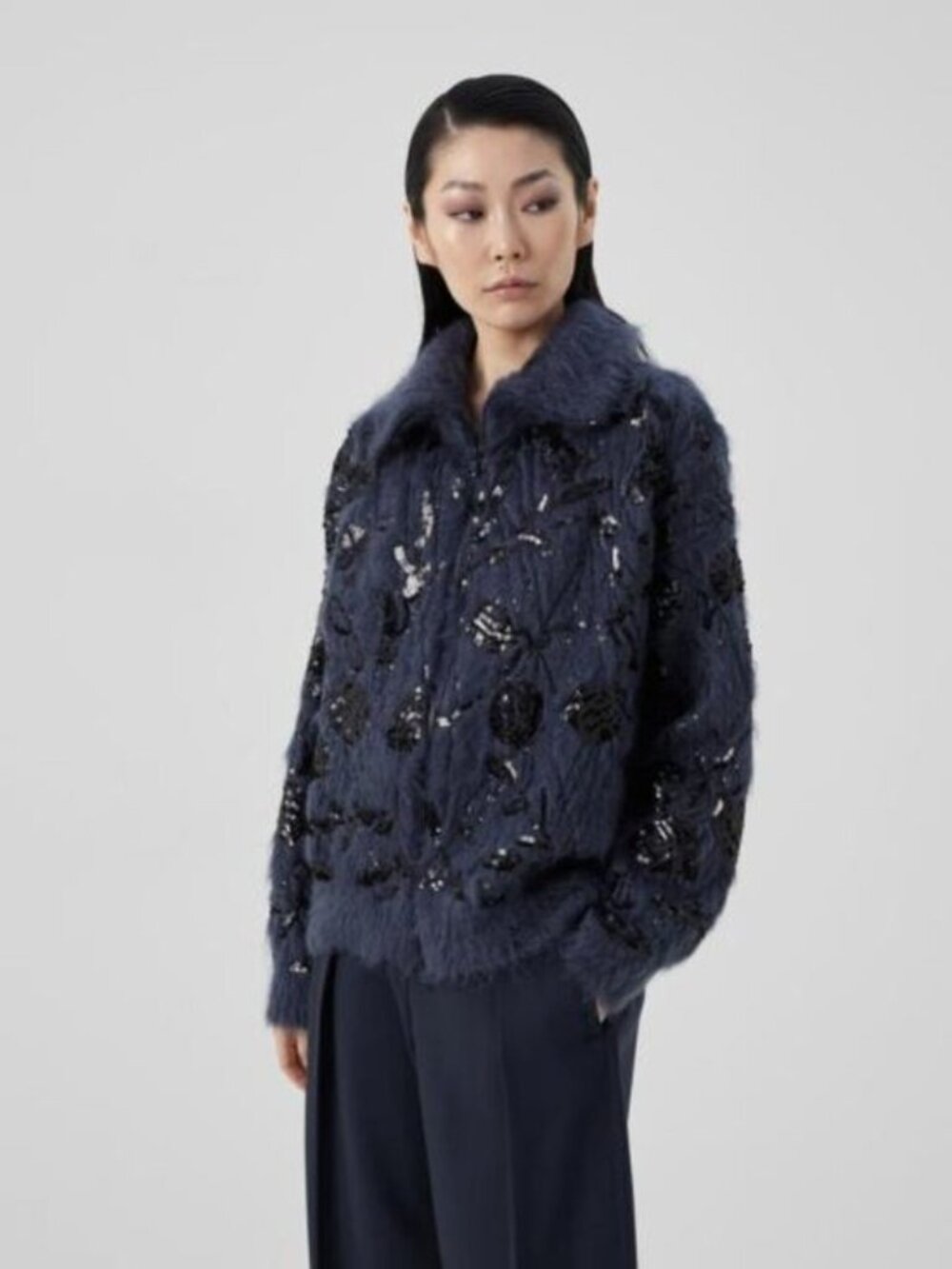 Brunello Cucinelli Mohair Wool Cardigan Floral Dazzling Ramage Embroidery Bombe